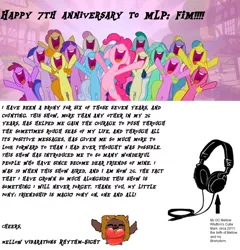 Size: 872x907 | Tagged: artist:mellow91, chibi, crowd, cutie mark, derpibooru import, happy birthday mlp:fim, headphones, heart, letter, mlp fim's seventh anniversary, oc, oc:mellow rhythm, safe, simple background, text, unofficial characters only