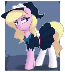 Size: 1280x1422 | Tagged: safe, artist:shinodage, derpibooru import, oc, oc:nurse bonesaw, unofficial characters only, earth pony, pony, clothes, cute, female, mare, pleated skirt, skirt, skirt lift, socks, solo, thigh highs