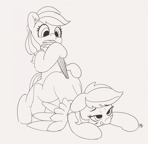 Size: 1280x1250 | Tagged: suggestive, artist:pabbley, derpibooru import, applejack, rainbow dash, earth pony, pegasus, pony, appledash, bedroom eyes, bipedal, biting, blushing, ear fluff, face down ass up, female, floppy ears, lesbian, mare, missing cutie mark, monochrome, shipping, simple background, smiling, spread wings, tail, tail bite, tail pull, wings