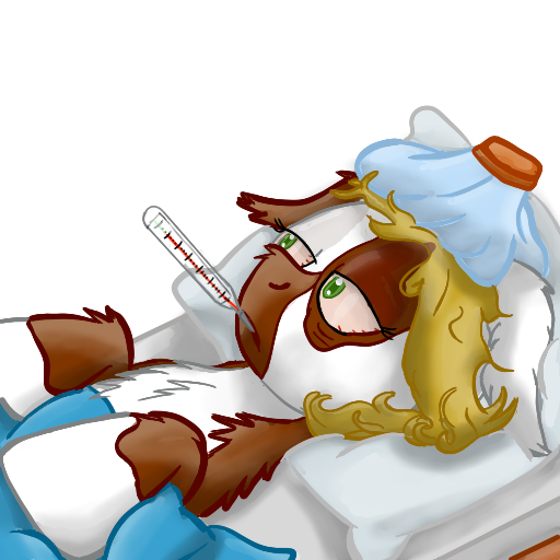 Size: 512x512 | Tagged: artist:hilfigirl, bed, blanket, derpibooru import, oc, oc:pawprint, red eyes, safe, sick, solo, telegram sticker, thermometer, unofficial characters only