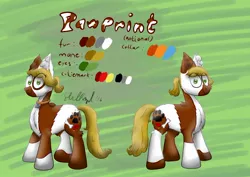 Size: 1280x905 | Tagged: safe, artist:hilfigirl, derpibooru import, oc, oc:pawprint, unofficial characters only, earth pony, pony, collar, paw prints, reference sheet, solo