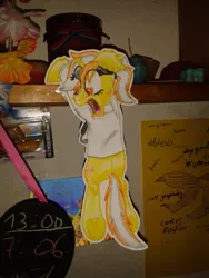 Size: 540x720 | Tagged: safe, artist:hilfigirl, derpibooru import, oc, oc:aescula, unofficial characters only, unicorn, doctor, hanging, head mirror, scared, solo, traditional art