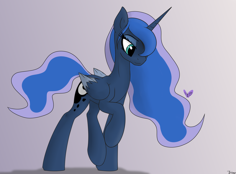 Size: 2264x1672 | Tagged: safe, artist:vinaramic, derpibooru import, princess luna, alicorn, butterfly, pony, female, gray background, mare, simple background, solo