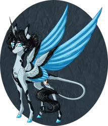 Size: 2052x2400 | Tagged: safe, artist:australian-senior, derpibooru import, oc, oc:asriel elafris, unofficial characters only, alicorn, pony, kirindos, alternate universe, colored hooves, colored wings, colored wingtips, doug rattmann, hair bun, leonine tail, piebald coloring, portal, portal (valve), portal 2, solo