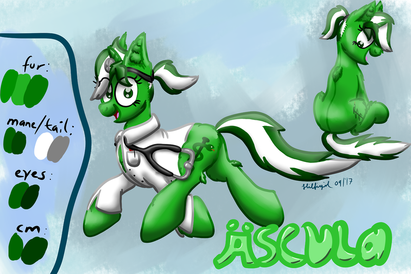 Size: 1280x853 | Tagged: safe, alternate version, artist:hilfigirl, derpibooru import, oc, oc:aescula, unofficial characters only, unicorn, color change, doctor, reference sheet, sitting, solo, stethoscope