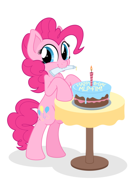 Size: 3772x5009 | Tagged: safe, artist:zutheskunk, derpibooru import, pinkie pie, earth pony, pony, absurd resolution, bipedal, bipedal leaning, birthday candles, cake, candle, female, food, frosting, happy birthday mlp:fim, leaning, looking at you, mare, mlp fim's seventh anniversary, mouth hold, simple background, smiling, solo, table, vector