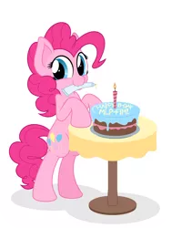 Size: 3772x5009 | Tagged: safe, artist:zutheskunk, derpibooru import, pinkie pie, earth pony, pony, absurd resolution, bipedal, bipedal leaning, birthday candles, cake, candle, female, food, frosting, happy birthday mlp:fim, leaning, looking at you, mare, mlp fim's seventh anniversary, mouth hold, simple background, smiling, solo, table, vector