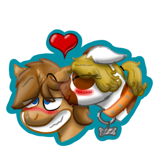 Size: 512x512 | Tagged: safe, artist:hilfigirl, derpibooru import, oc, oc:heavy weight, oc:pawprint, unofficial characters only, earth pony, pony, unicorn, blushing, collar, dog tags, grin, heart, heavyprint, in love, kissing, love, smiling, telegram sticker