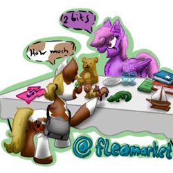 Size: 512x512 | Tagged: safe, artist:hilfigirl, derpibooru import, oc, oc:pawprint, unnamed oc, unofficial characters only, earth pony, pegasus, pony, flea market, random pony, table, telegram sticker, text