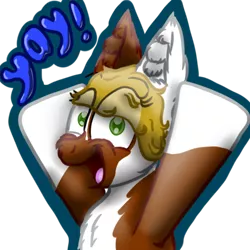 Size: 512x512 | Tagged: safe, artist:hilfigirl, derpibooru import, oc, oc:pawprint, unofficial characters only, earth pony, pony, happy, solo, telegram sticker, text, yay