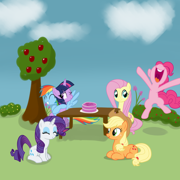 Size: 4000x4000 | Tagged: safe, artist:evan555alpha, derpibooru import, applejack, fluttershy, pinkie pie, rainbow dash, rarity, twilight sparkle, absurd resolution, apple tree, bush, cake, celebration, flower, food, happy birthday mlp:fim, mane six, mlp fim's seventh anniversary, outdoors, table, tree