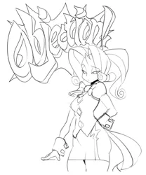 Size: 500x600 | Tagged: safe, artist:ramudey, derpibooru import, rarity, satyr, unicorn, ace attorney, clothes, crossover, female, hand on hip, looking at you, monochrome, objection, satyrized, simple background, solo, white background