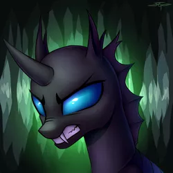 Size: 3000x3000 | Tagged: angry, artist:setharu, bust, cave, cavern, changeling, derpibooru import, fangs, gritted teeth, portrait, safe, signature, snarling, solo