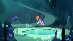 Size: 1920x1080 | Tagged: safe, derpibooru import, screencap, starlight glimmer, sunburst, unicorn, uncommon bond, cave, cave pool, female, male, mare, mirror pool, mushroom, stallion, this will not end well