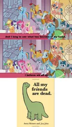 Size: 1088x1904 | Tagged: safe, derpibooru import, edit, edited screencap, screencap, applejack, flash magnus, fluttershy, meadowbrook, mistmane, pinkie pie, rainbow dash, rarity, rockhoof, somnambula, spike, stygian, dinosaur, dragon, earth pony, pegasus, pony, unicorn, shadow play, all my friends are dead, ethereal mane, female, male, mare, reality ensues, stallion