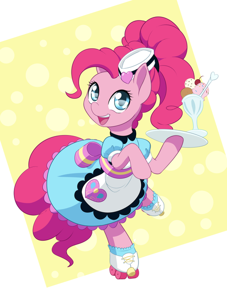 Size: 761x1000 | Tagged: safe, artist:dstears, derpibooru import, pinkie pie, ponified, earth pony, pony, coinky-dink world, eqg summertime shorts, bow, clothes, cute, diapinkes, dress, equestria girls ponified, female, food, hair bow, hat, ice cream, looking at you, mare, pinkie pie day, roller skates, server pinkie pie, skates, skating, smiling, solo, waitress