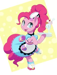 Size: 761x1000 | Tagged: safe, artist:dstears, derpibooru import, pinkie pie, ponified, earth pony, pony, coinky-dink world, eqg summertime shorts, bow, clothes, cute, diapinkes, dress, equestria girls ponified, female, food, hair bow, hat, ice cream, looking at you, mare, pinkie pie day, roller skates, server pinkie pie, skates, skating, smiling, solo, waitress