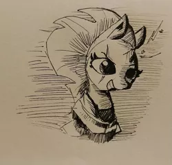Size: 1395x1337 | Tagged: safe, artist:tjpones, derpibooru import, tempest shadow, pony, unicorn, my little pony: the movie, black and white, broken horn, bust, eye scar, grayscale, inktober, monochrome, scar, solo, sparks, traditional art