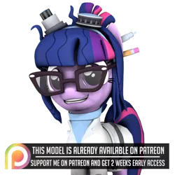 Size: 894x894 | Tagged: safe, artist:dazzion, derpibooru import, sci-twi, twilight sparkle, ponified, pony, unicorn, eqg summertime shorts, mad twience, 3d, clothes, cute, equestria girls ponified, glasses, goggles, lab coat, mad scientist, patreon, patreon logo, simple background, source filmmaker, transparent background, twiabetes