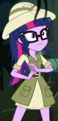 Size: 416x870 | Tagged: safe, derpibooru import, screencap, sci-twi, twilight sparkle, dance magic, equestria girls, spoiler:eqg specials, clothes, cropped, cute, female, glasses, hat, imagine spot, jungle, solo, twiabetes