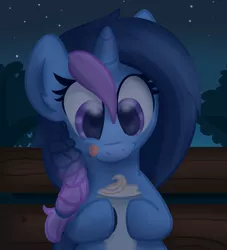Size: 1024x1126 | Tagged: safe, artist:littleblackraencloud, derpibooru import, oc, unofficial characters only, pony, unicorn, :p, bench, coffee, cup, cute, drink, ear fluff, female, food, happy, hoof hold, latte, looking down, mare, night, ocbetes, outdoors, sky, solo, stars, tongue out, tree