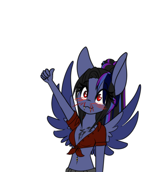 Size: 500x549 | Tagged: anthro, anthro oc, approved, artist:silverfox057, blood, blushing, clothes, derpibooru import, fangs, female, mare, nosebleed, oc, oc:pandie, safe, simple background, smiling, solo, spread wings, thumbs up, transparent background, unofficial characters only, wingboner, wings