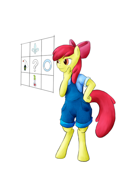 Size: 877x1240 | Tagged: safe, artist:alixnight, derpibooru import, apple bloom, anthro, unguligrade anthro, bloom and gloom, clothes, cutie mark, solo, thinking