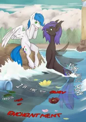 Size: 1900x2687 | Tagged: safe, artist:lonerdemiurge_nail, derpibooru import, oc, oc:blueberry bliss, oc:math millien, unofficial characters only, merpony, pegasus, pony, flower, hypnosis, hypnotized, lake, seduction, song reference, text, water