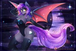 Size: 3000x2000 | Tagged: suggestive, artist:koveliana, derpibooru import, oc, oc:dawn sentry, unofficial characters only, anthro, bat pony, arm behind head, bat pony oc, breasts, chromatic aberration, clothes, female, leotard, mare, mouth hold, patreon, patreon logo, solo, ych result