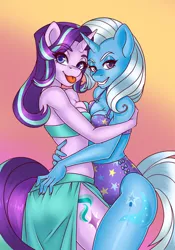 Size: 1050x1500 | Tagged: suggestive, artist:bumblebun, derpibooru import, starlight glimmer, trixie, anthro, unicorn, bikini, breasts, busty starlight glimmer, busty trixie, clothes, female, lesbian, looking at you, mare, midriff, shipping, smiling, startrix, swimsuit, symmetrical docking, tongue out