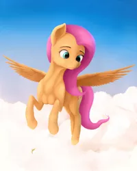 Size: 1600x2000 | Tagged: safe, artist:samum41, derpibooru import, fluttershy, pegasus, pony, cloud, female, flying, mare, realistic anatomy, sky, smiling, solo, spread wings, wings