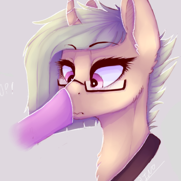 Size: 1024x1024 | Tagged: safe, artist:dino_horse, deleted from derpibooru, derpibooru import, twilight sparkle, oc, oc:hooters, pony, unicorn, boop, bust, cheek fluff, chest fluff, cross-eyed, curved horn, ear fluff, female, fluffy, frown, glasses, hooves, mare, offscreen character, wavy mouth, wide eyes