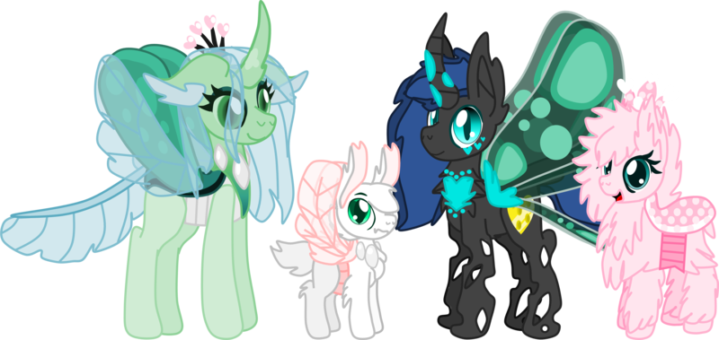 Size: 3042x1441 | Tagged: safe, artist:casanova-mew, derpibooru import, queen chrysalis, oc, oc:fluffle puff, oc:holey flutteby, unofficial characters only, changedling, changeling, hybrid, canon x oc, changedlingified, chrysipuff, female, interspecies offspring, lesbian, magical lesbian spawn, offspring, parent:oc:fluffle puff, parent:queen chrysalis, parents:canon x oc, parents:chrysipuff, purified chrysalis, shipping, simple background, transparent background