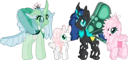 Size: 3042x1441 | Tagged: safe, artist:casanova-mew, derpibooru import, queen chrysalis, oc, oc:fluffle puff, oc:holey flutteby, unofficial characters only, changedling, changeling, hybrid, canon x oc, changedlingified, chrysipuff, female, interspecies offspring, lesbian, magical lesbian spawn, offspring, parent:oc:fluffle puff, parent:queen chrysalis, parents:canon x oc, parents:chrysipuff, purified chrysalis, shipping, simple background, transparent background
