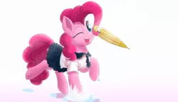 Size: 3000x1724 | Tagged: safe, artist:j24262756, derpibooru import, pinkie pie, earth pony, pony, clothes, cute, diapinkes, female, looking at you, mare, one eye closed, open mouth, puddle, raised hoof, raised leg, school uniform, signature, smiling, solo, splash, umbrella, water, wink