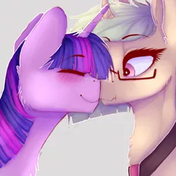 Size: 1024x1024 | Tagged: safe, artist:dino_horse, deleted from derpibooru, derpibooru import, twilight sparkle, oc, oc:hooters, pony, blushing, bust, canon x oc, cheek fluff, chest fluff, curved horn, eyes closed, female, glasses, gray background, lesbian, mare, shipping, simple background, smiling