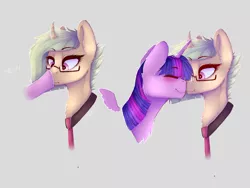 Size: 1400x1050 | Tagged: safe, artist:dino_horse, deleted from derpibooru, derpibooru import, twilight sparkle, twilight sparkle (alicorn), oc, oc:hooters, alicorn, pony, unicorn, :t, blushing, boop, bust, canon x oc, cheek fluff, chest fluff, cross-eyed, curved horn, ear fluff, eyes closed, female, floating wings, fluffy, frown, glasses, gray background, hooves, lesbian, mare, noseboop, scrunchy face, shipping, simple background, smiling, wavy mouth, wide eyes