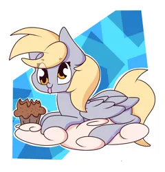 Size: 1920x2000 | Tagged: safe, artist:hedgehog-plant, derpibooru import, derpy hooves, pegasus, pony, abstract background, cloud, female, food, mare, muffin, prone, solo, tongue out