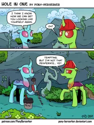 Size: 1032x1376 | Tagged: artist:pony-berserker, changedling, changedling oc, changeling, changeling oc, comic, derpibooru import, dialogue, drill, duo, hard hat, i can't believe it's not idw, oc, oc:berzie, oc:dopple, paint, safe, smiling, speech bubble, unofficial characters only