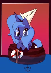 Size: 1700x2410 | Tagged: safe, artist:hedgehog-plant, derpibooru import, princess luna, alicorn, pony, anchor, boat, female, filly, hat, paper hat, solo, tongue out, woona, younger