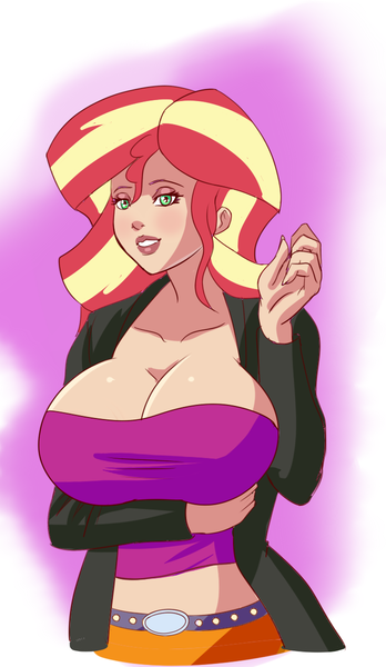 Size: 696x1200 | Tagged: alternate version, arm under breasts, artist:annon, big breasts, bimbo shimmer, breasts, busty sunset shimmer, clothes, derpibooru import, female, human, humanized, jacket, looking at you, smiling, solo, solo female, suggestive, sunset shimmer