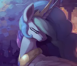 Size: 1100x950 | Tagged: safe, artist:rodrigues404, derpibooru import, princess celestia, alicorn, pony, crown, crying, ethereal mane, eyes closed, feather, female, flowing mane, folded wings, grieving, jewelry, lighting, mare, multicolored mane, night, pain, peytral, regalia, royalty, sad, sadlestia, solo, tiara