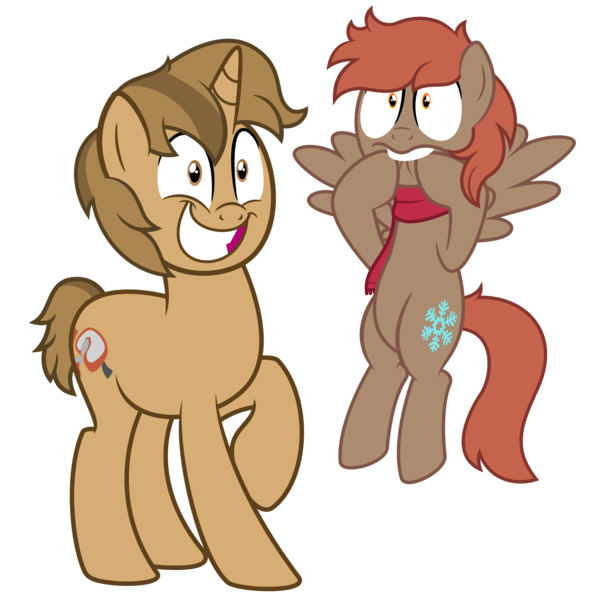 Size: 9375x9375 | Tagged: safe, artist:besttubahorse, derpibooru import, oc, oc:blurblob, oc:winterlight, unofficial characters only, pegasus, pony, unicorn, absurd resolution, airborne, biting, clothes, duo, duo male, faic, hoof biting, male, manic grin, nervous, scarf, simple background, transparent background, vector