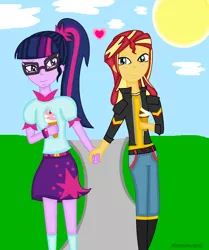 Size: 1116x1332 | Tagged: safe, artist:miraculouslover21, derpibooru import, sci-twi, sunset shimmer, twilight sparkle, equestria girls, female, food, holding hands, ice cream, lesbian, scitwishimmer, shipping, sun, sunsetsparkle