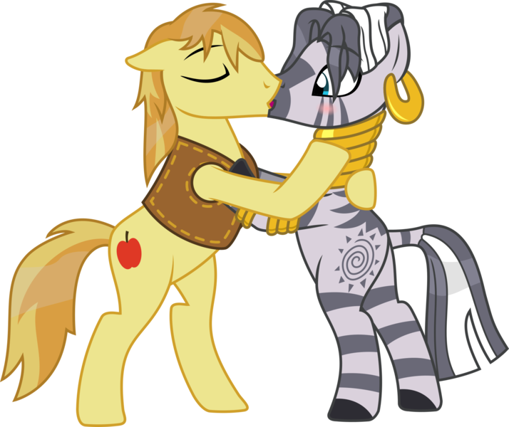 Size: 1946x1636 | Tagged: safe, artist:sketchmcreations, derpibooru import, braeburn, zecora, earth pony, pony, zebra, alternate hairstyle, bipedal, blushing, braecora, commission, crack shipping, ear piercing, earring, eyes closed, female, jewelry, kissing, male, mare, piercing, quadrupedal, shipping, simple background, stallion, straight, transparent background, vector, wet mane