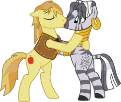 Size: 1946x1636 | Tagged: safe, artist:sketchmcreations, derpibooru import, braeburn, zecora, earth pony, pony, zebra, alternate hairstyle, bipedal, blushing, braecora, commission, crack shipping, ear piercing, earring, eyes closed, female, jewelry, kissing, male, mare, piercing, quadrupedal, shipping, simple background, stallion, straight, transparent background, vector, wet mane