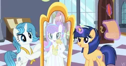 Size: 1584x833 | Tagged: safe, artist:velveagicsentryyt, derpibooru import, princess flurry heart, oc, oc:blue stone, oc:velvet sentry, pony, unicorn, clothes, dress, female, mare, measuring tape, mirror, offspring, older, parent:flash sentry, parent:twilight sparkle, parents:flashlight, wedding dress