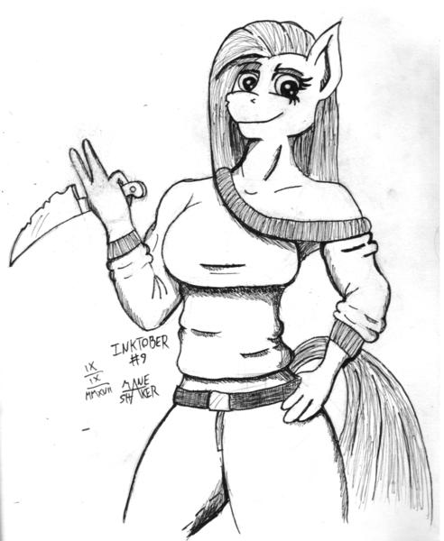 Size: 1599x1951 | Tagged: anthro, artist:mane-shaker, bad anatomy, belt, clothes, derpibooru import, inktober, inktober 2017, knife, looking at you, monochrome, pinkamena diane pie, pinkie pie, safe, sweater, traditional art