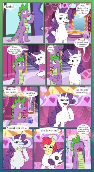 Size: 1024x1868 | Tagged: apple bloom, artist:madkrayzypony, carousel boutique, clothes, comic, derpibooru import, dialogue, disguise, dragon, female, male, mind blown, ponysuit, rarity, rarity suit, safe, shocked, spike, suit, unmask