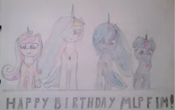 Size: 1159x732 | Tagged: safe, artist:barhandar, deleted from derpibooru, derpibooru import, princess cadance, princess celestia, princess luna, twilight sparkle, twilight sparkle (alicorn), alicorn, pony, alicorn tetrarchy, female, happy birthday mlp:fim, mare, mlp fim's seventh anniversary, pencil drawing, simple background, traditional art, white background